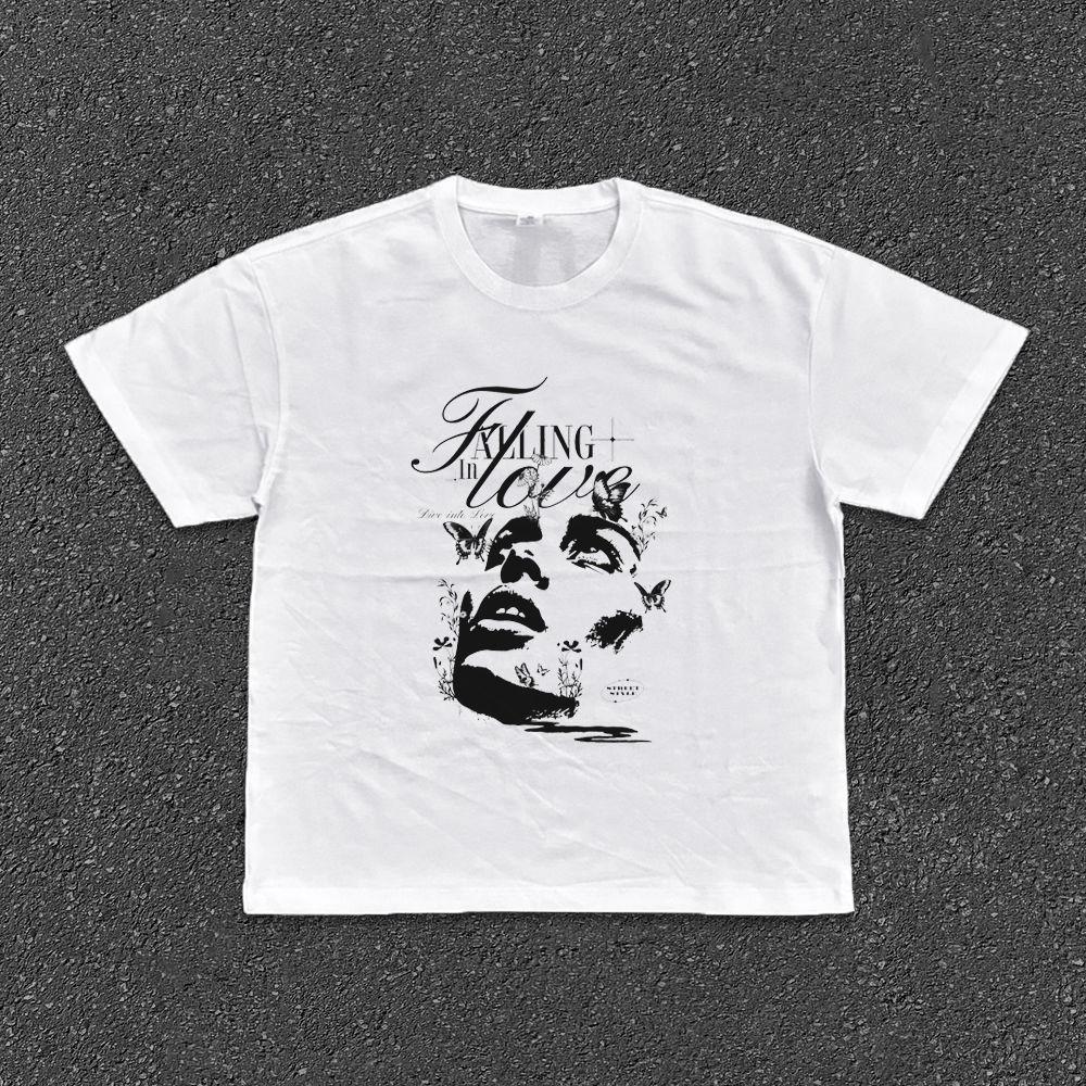 A Heavyweight Pure Cotton Ins Stylish and Unique Printed Hiphop Street Off-the-shoulder Short-sleeved T-shirt