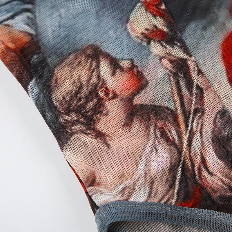 Women's Artistic Print Long Sleeve Mesh Bodysuit, Vintage Renaissance Graphic Sheer Slim Fit Top Jumpsuit Lace Panel Lightweight Top Personality