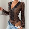 YYFS Women's Fashion Casual Leopard Print Spring Fall Long Sleeve V-Neck Bodysuits