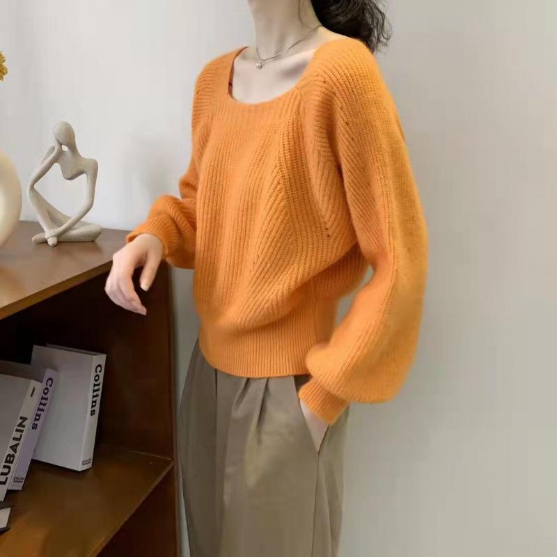 Women's Thickened Lantern Sleeve Sweater - Autumn/Winter Square Collar Trendy Design
