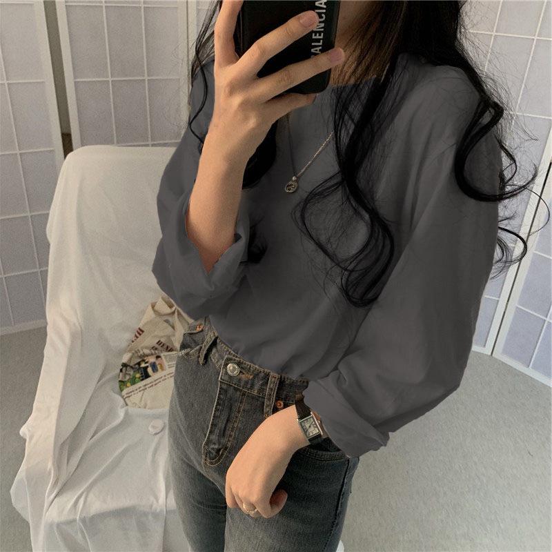 2023 Korean Style Women's Solid Color Long Sleeve T-shirt - Loose Fit, All-Match, for Spring & Autumn