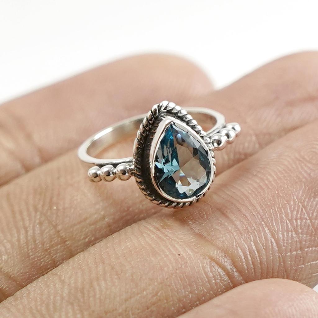 Natural Blue Topaz Ring, Teardrop Topaz Ring, Light Weight Dainty Ring, 925 Sterling Silver, Gift for Her, Birthstone Ring