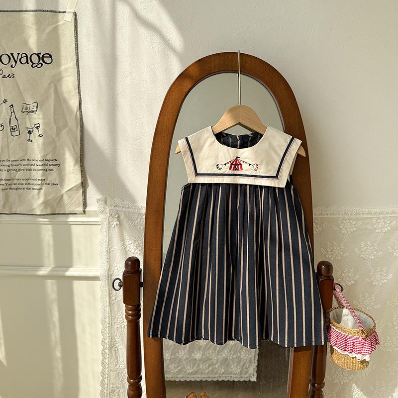 Girls Vintage Striped Navy Collar Sleeveless Dress Circus Embroidery Cute Baby Summer Party Dress For Toddler Kids 90cm
