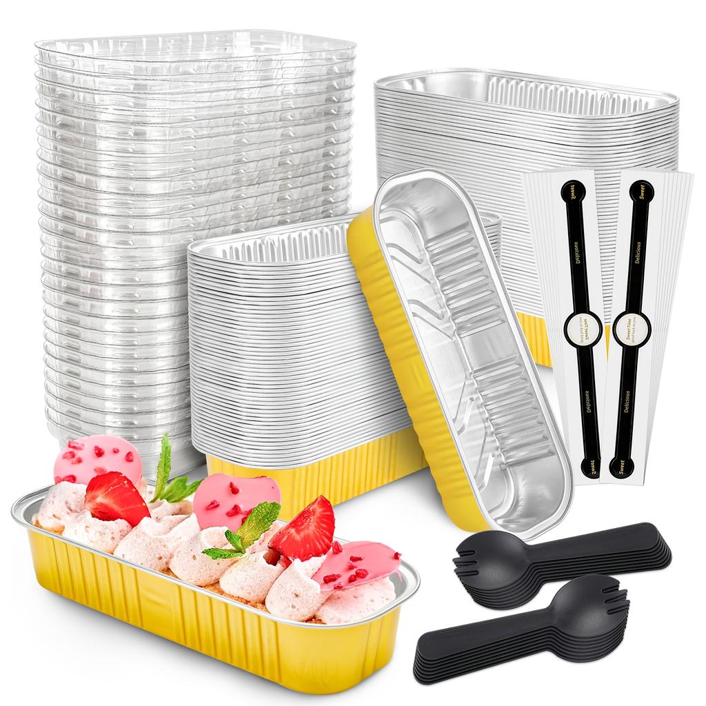 100Only Holds Mini Cake Baking Pans Spoon with Lid Rectangular Aluminum Foil Baking Pan Mini Cheesecake Box (6.8Ounce)
