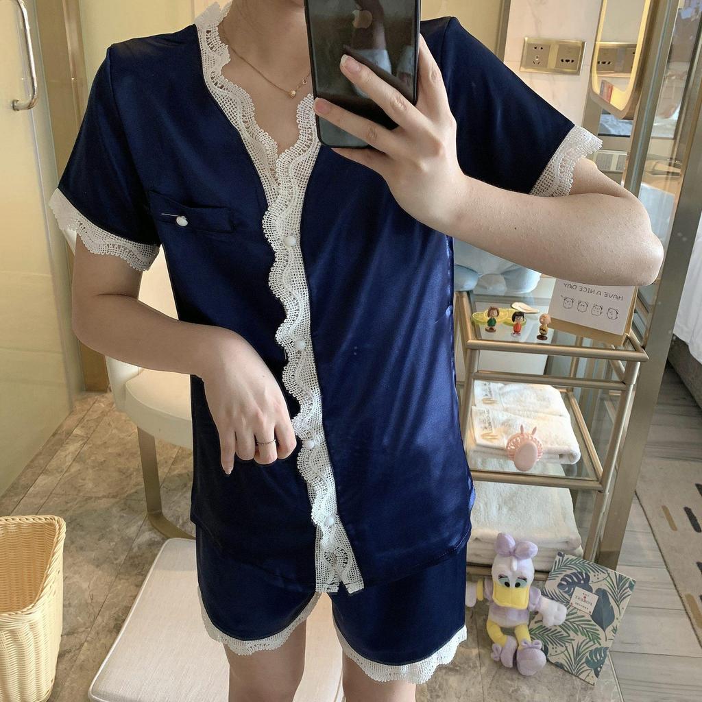 Women's Short Sleeve Faux Silk Ice Silk Pajama Set with Lapel - European Size