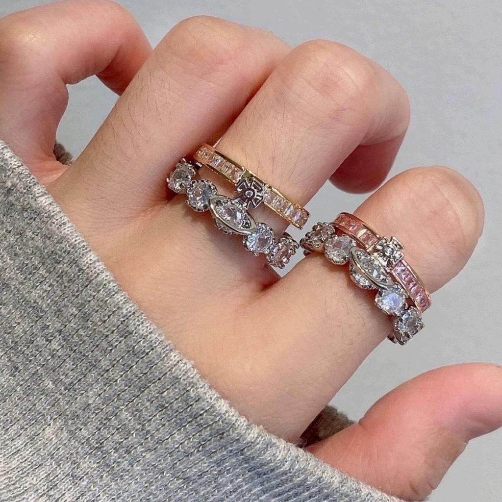 Kaiserinwitwe Saturn Zirkon Doppellagig Abnehmbare Diamantkrone Partnerring - Damen Luxus Stapelbares Design