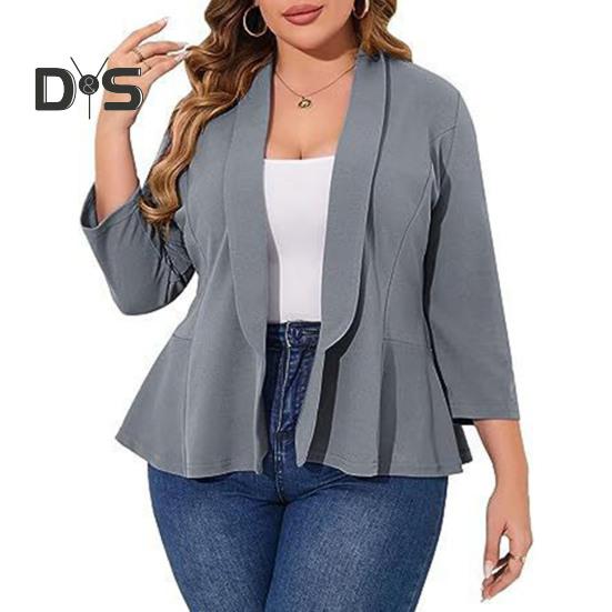 Plus Size Women Suit Coat Lapel Long Sleeve Ruffle Hem Open Front Suit Jacket Solid Color Versatile Business Outerwear