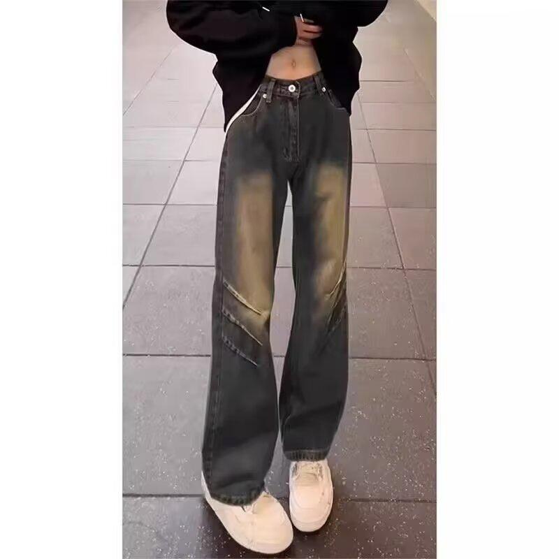 American retro washed dark blue jeans men's scimitar vibe pants high street handsome casual straight micro-pull pants