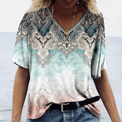 Camiseta de Verano para Mujer con Cuello en V, Impresión Étnica 3D Vintage, Moda Casual Estilo Bohemio, Manga Corta