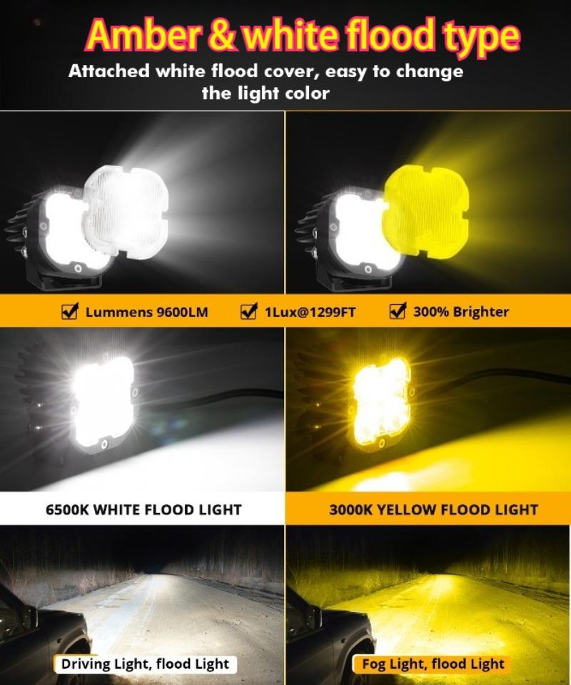 AUXBEAM 6 Types 3 Inch LED Pod Lights White & Amber Spot / Flood / Combo Driving Work Light for ATV SUV Truck Pickup Boat