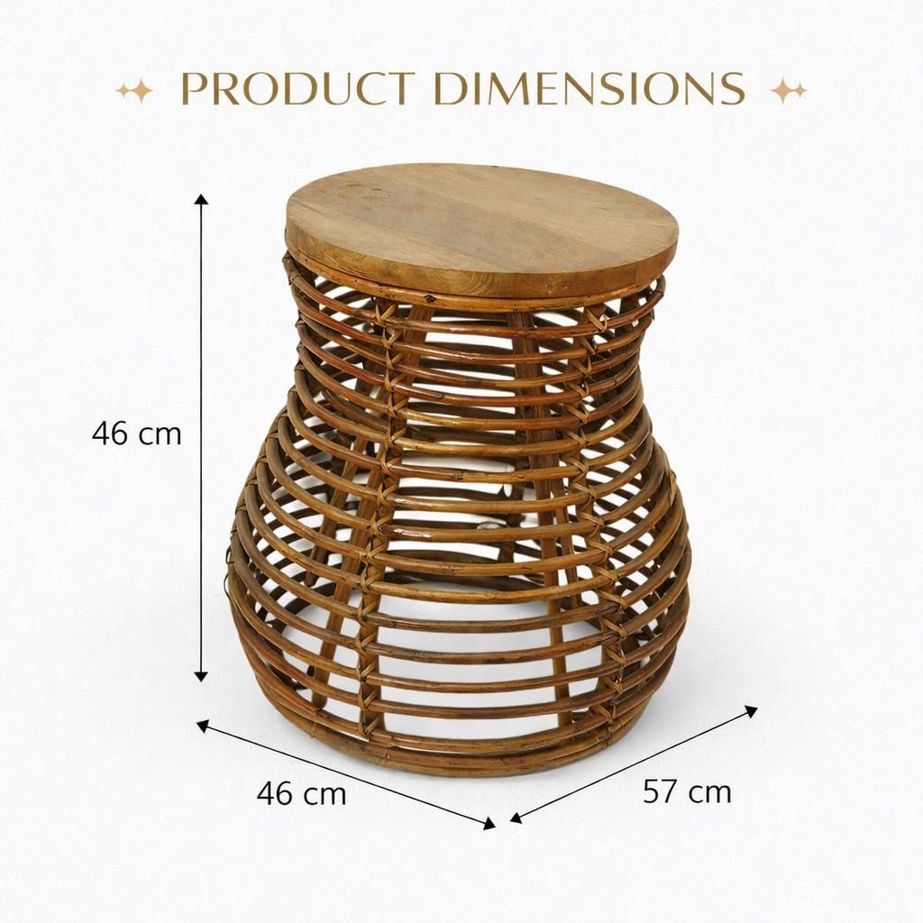 Eco Decx Rattan Woven Plant Stand for Living Room | Indoor Outdoor Bamboo Plant Stand with Tiered Design & Wooden Top |  46 X 46 X 57 Cm