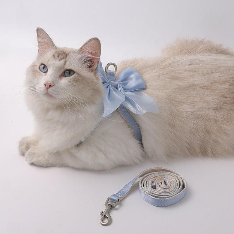 Cute Bowknot Cat Harness and Leash Adjustable Pet Harness with Traction Rope for Cat Kitten Puppy Rabbit Ferret