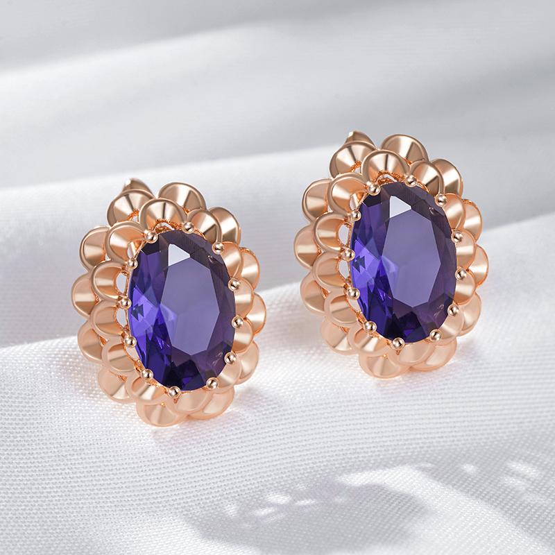 Classic Big Purple Natural Zircon English Earrings For Women Rose Gold Color Crystal Flower Daily Vintage Jewelry