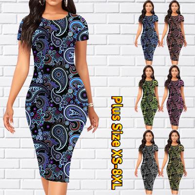 Slim Short Sleeve Knee-length Dress Fashion Women Midi 3D Featured Texture Print Dress