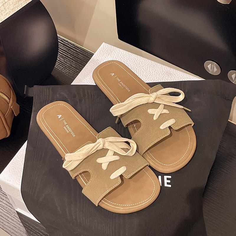 

Wear flat-bottomed one-pedal cool slippers female 2025 summer new fairy wind retro beach one-word slippers 35 хаки