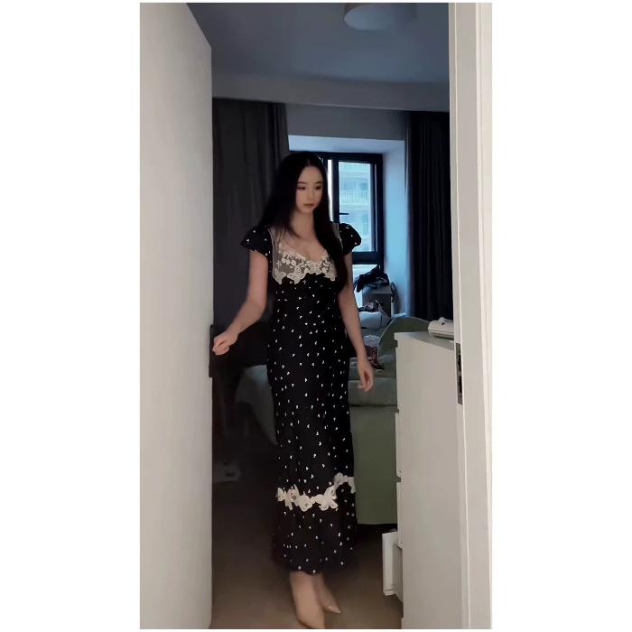 

Yamano tea break French dating dress women s summer black lace stitching sexy pure desire style dress 2XL чорний