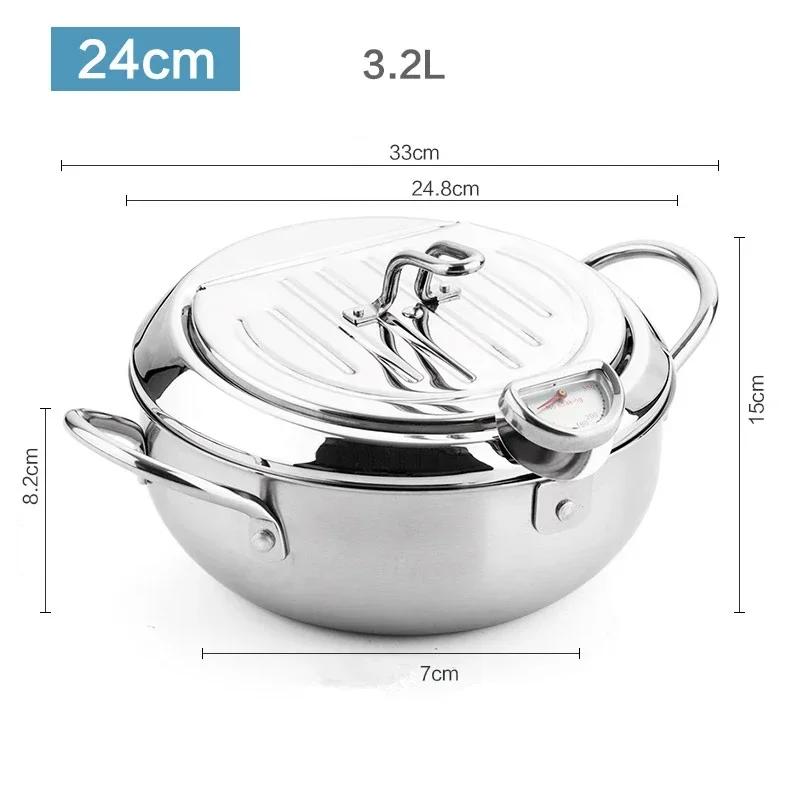 Japanese Deep Frying Pot with a Thermometer and a Lid 304 Stainless Steel Kitchen Tempura Fryer Pan 20 24 Cm