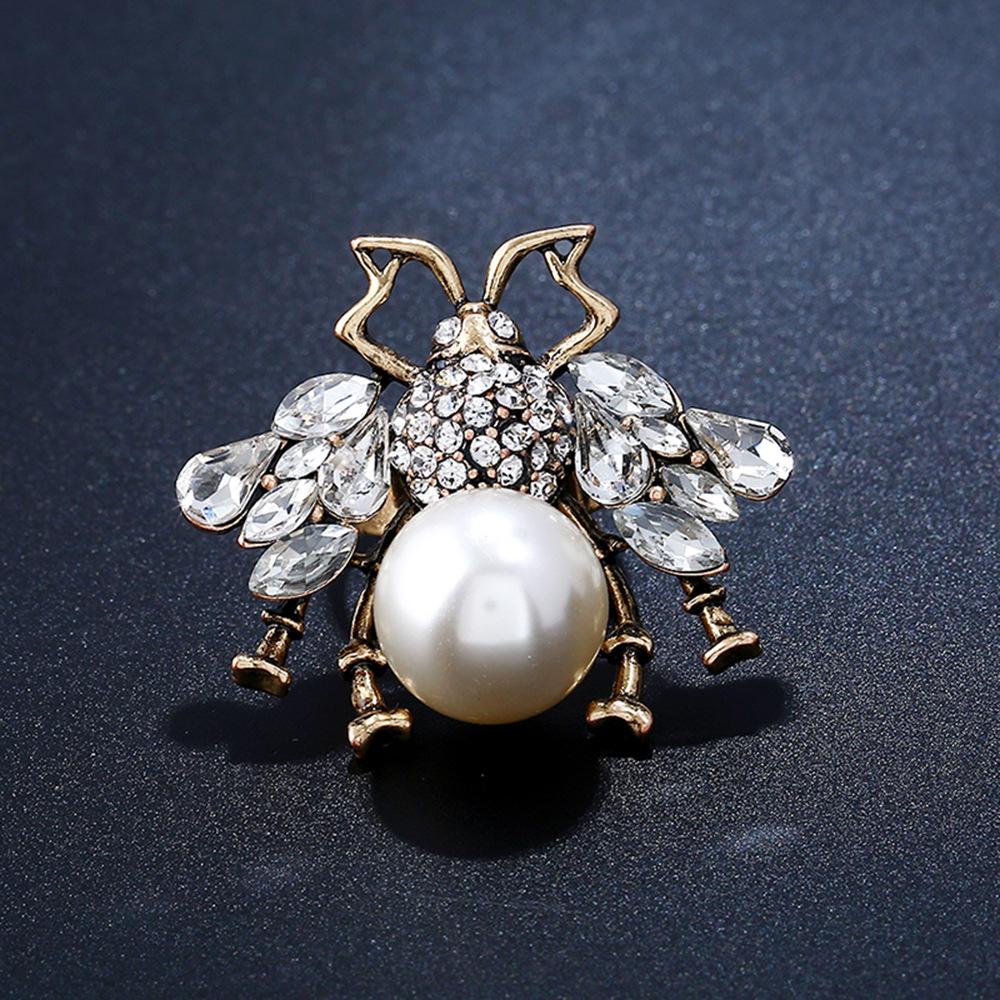 Women's Adjustable Retro Insect Pearl Enamel Gold Ring Earrings