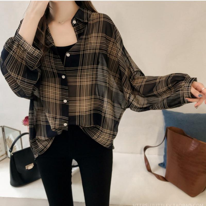 Women's Spring and Summer Plaid Shirt Long Sleeve Lapel Thin Commuter Jacket