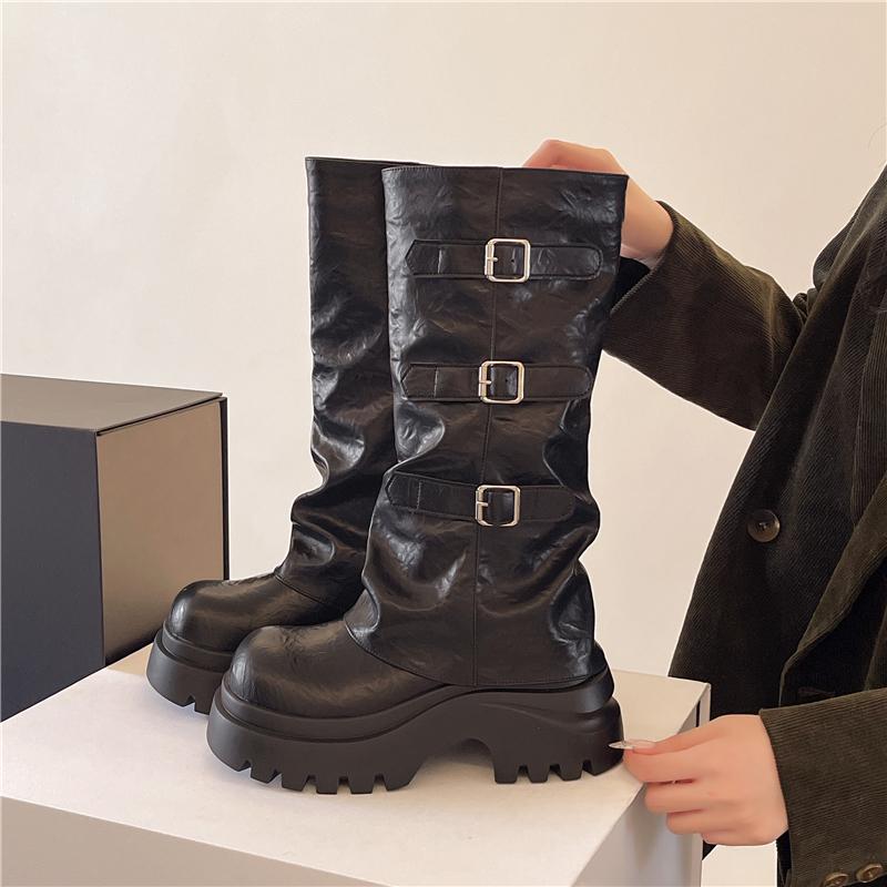 Fashion Vintage Height Increase Women Western Mid Calf Boots Fashion Belt Buckle Knight Booties Winter Shoes Zapatos De Mujer