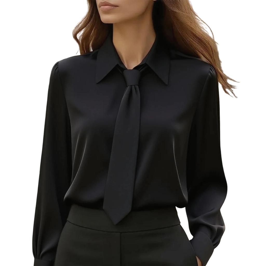 Women's Casual, Fashionable, Solid-color Commuting Tie Long-sleeved Shirt Top