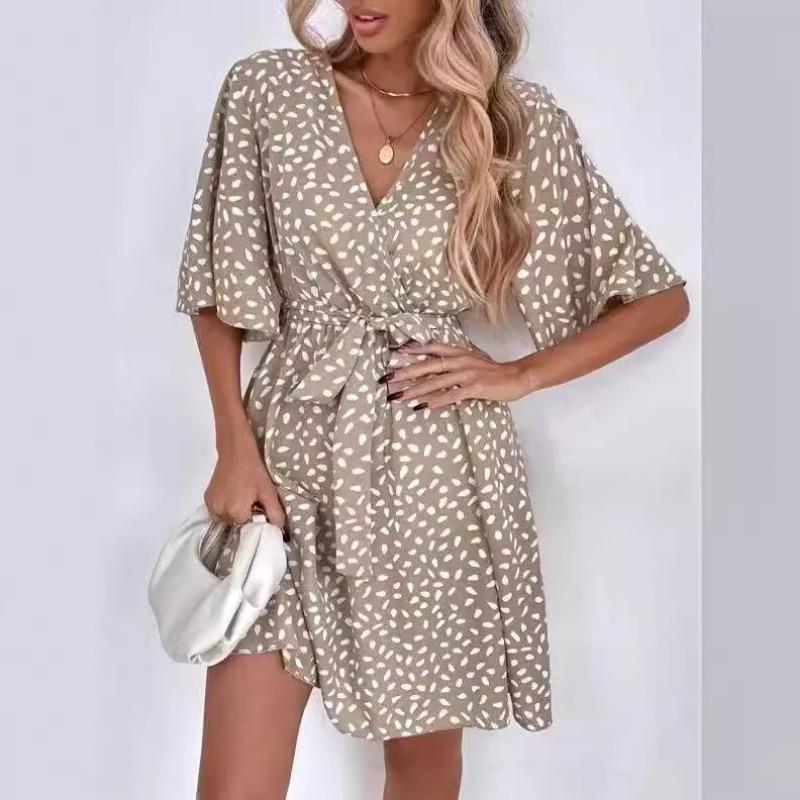 Fashion Polka Dot Printed Summer Dress Short Sleeved V-neck Lace-up Slim Waist Versatile Casual Loose Simple A-line Party Short Dress Elegant Female