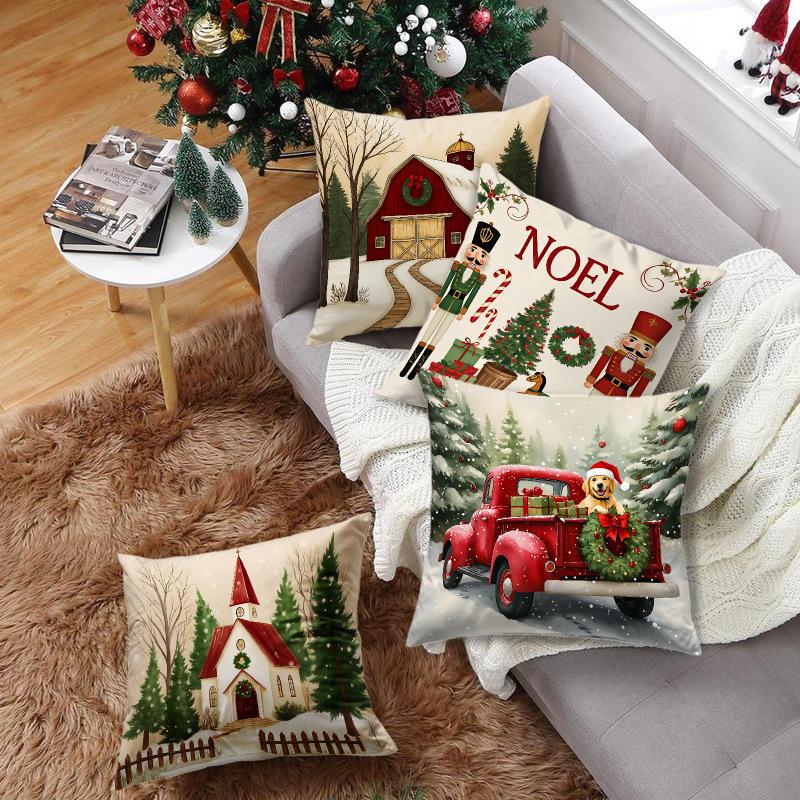 Christmas White Cartoon Christmas Decoration Combination Christmas Tree Festive Atmosphere Elements Living Room Bedroom Home Cushion Cover