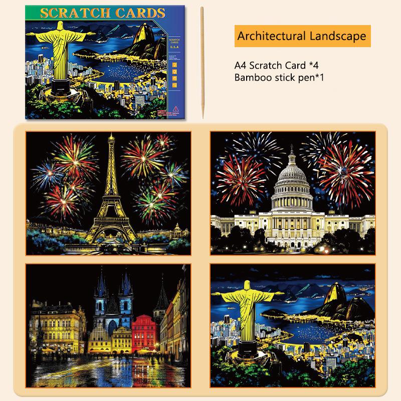 4 Stück/Set A4 DIY Kratzbild Stadtarchitektur Landschaft Szenerie Figur Illustration Nachtansicht Kratzbild Spielzeug