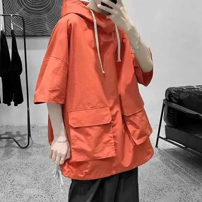 Summer and Autumn Hooded Short-sleeved T-shirt Men's Korean Version Half-sleeved Sweater Men's All-match Student Loose Hooded 5-point Sleeve Top