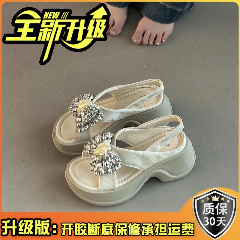 Fairy style casual temperament thick-soled slope heel cool slippers female summer bow versatile rhinestone fashion beach sandals