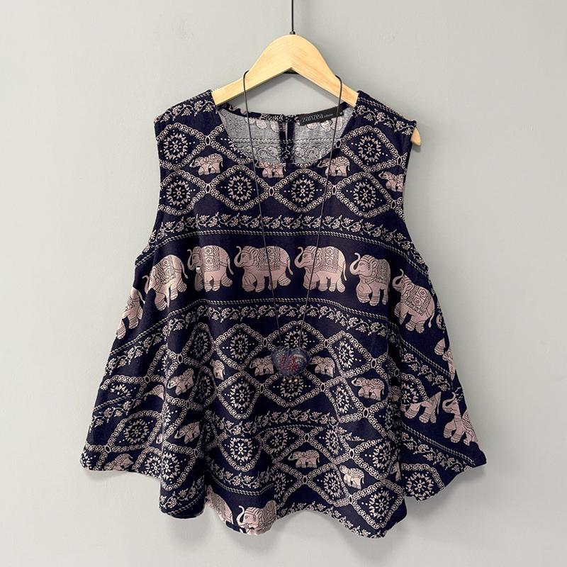 

ZANZEA Women Loose Casual Round Neck Sleeveless Print Tank Tops 5XL тёмно-синий
