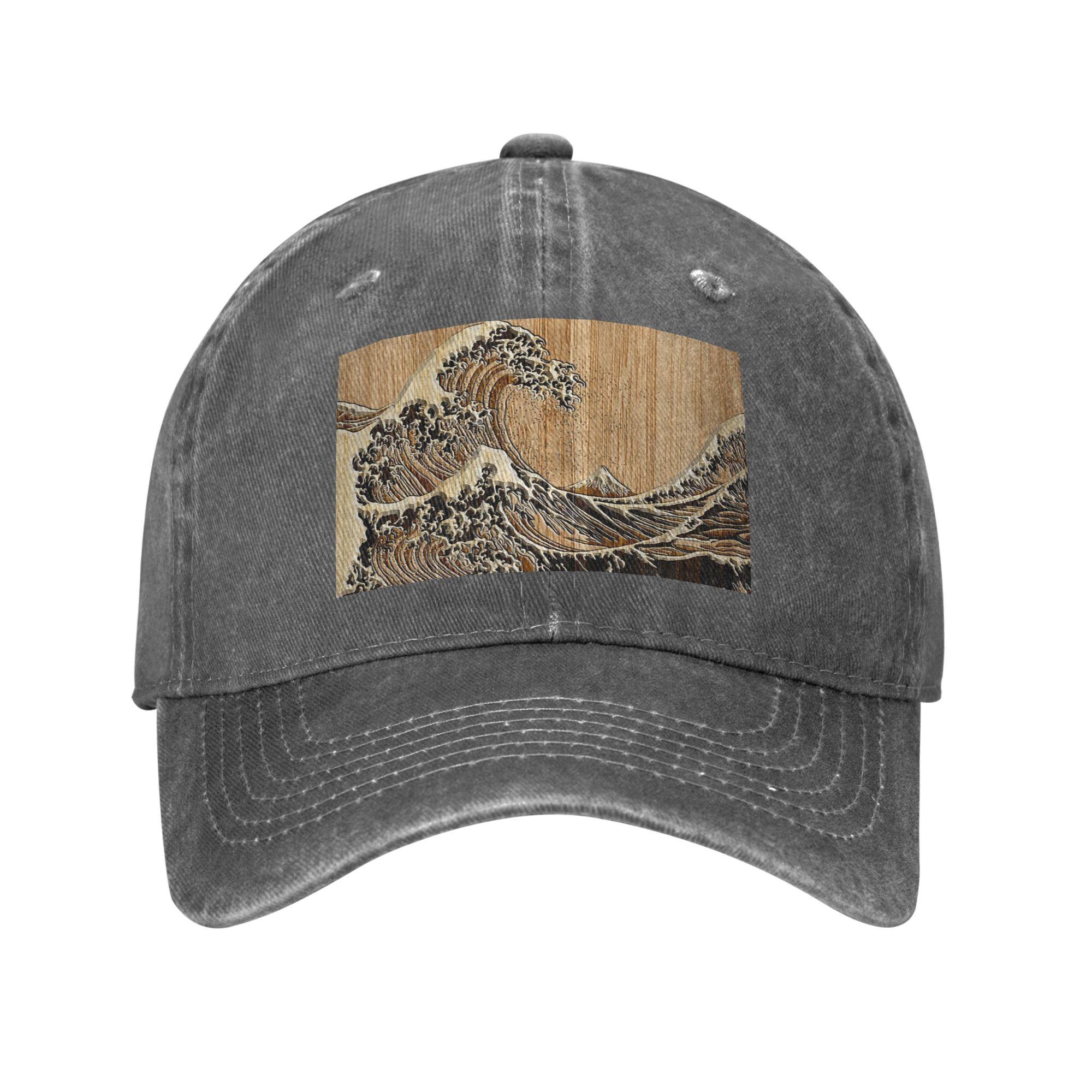 

The Great Hokusai Wave in Bamboo Inlay Style Denim Fabric Cap Casual Baseball Caps Adjustable Hat Summer Unisex Baseball Hats One Size