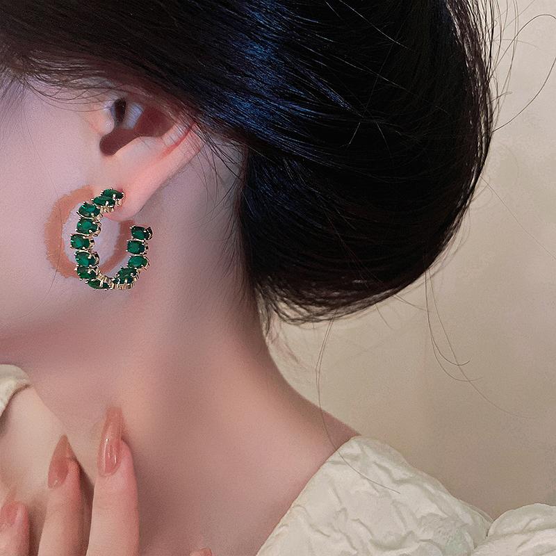 Emerald Oval Crystal Hoop Earrings for Women Fashion Rhinestone Design Circle Earrings 2023 Trend Girls