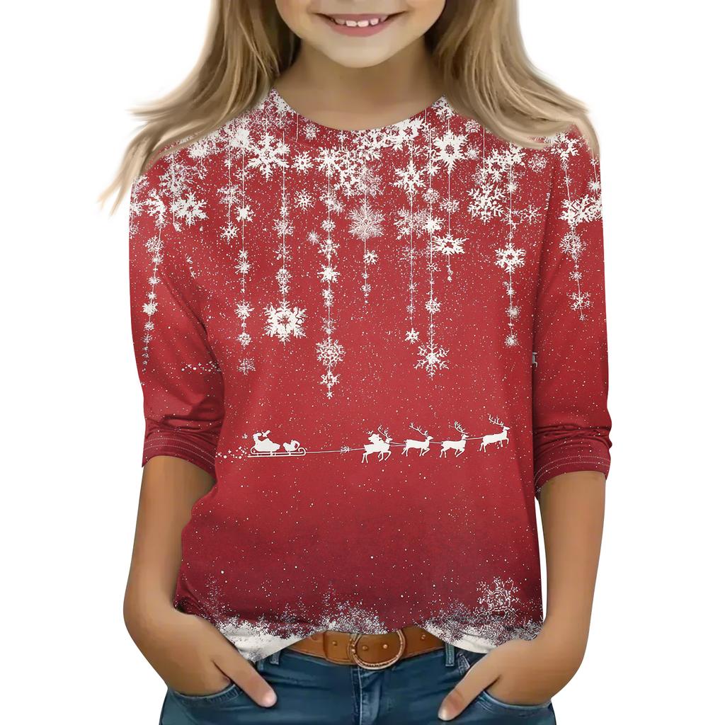 Christmas Day Print Tops For Youth Girls 4-11 Years Round Neck 3/4 Sleeves T-Shirts Trendy Tops Outfit Tees