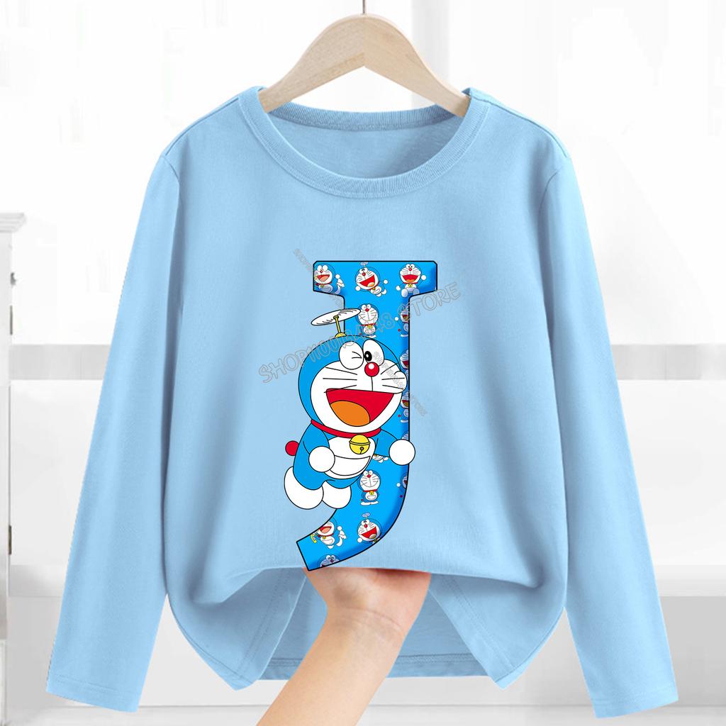 Doraemon Long Sleeve for Women Cartoon A-Z Letter Clothing Caftan Anime Clothes Blue Round Collar Blouse Gift