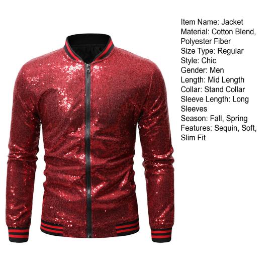 Men Sequin Jacket Stand Collar Shiny Long Sleeves Slim Fit Zipper Closure Cardigan Mid Length Stage Show Dance Performance Coat