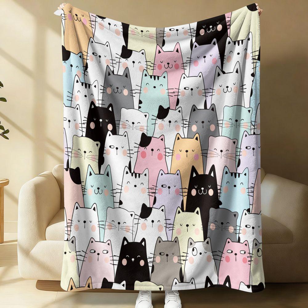 Cute Cartoon Cat Pattern Flannel Blanket Soft Plush Throw Blanket Cozy Bed Sofa Blanket Kids Room Gift Blanket Home Decor 75X95CM