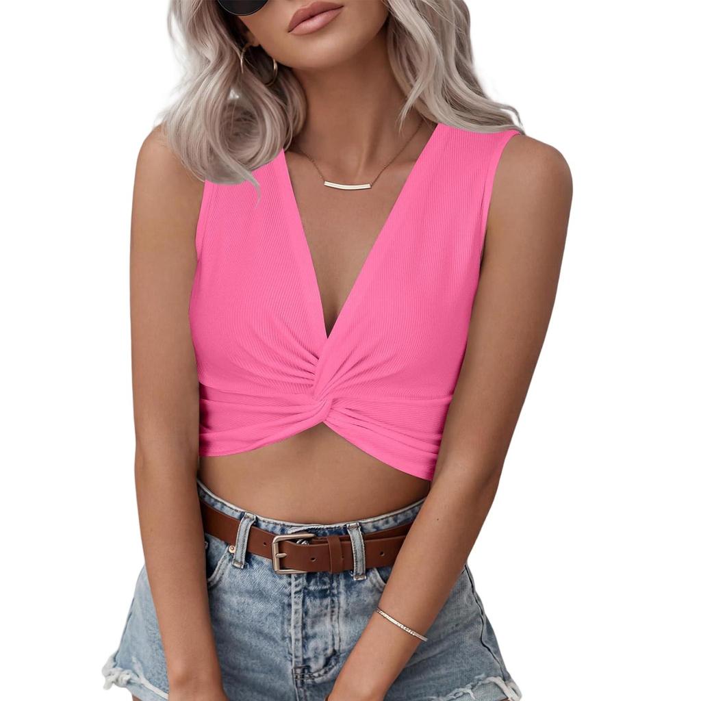 Damen Ärmelloses V-Ausschnitt Crop Top Verdrehte Vorderseite Lässiges Sommerhemd Enganliegend Dehnbarer Stoff Weich Bequem