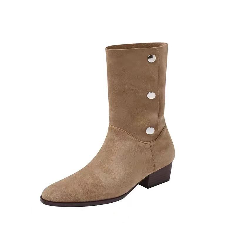 Western Stacking Boots New Medium Tube Thick Heel Pointed Pleated Cowboy Boots But Knee Boots Female Knight Boots