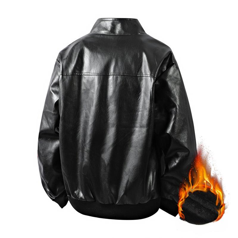 Autumn Winter Leather Jacket Fleece Motorcycle PU Leahter Jackets Embroidery Pattern Turndown Collar Black Windbreaker