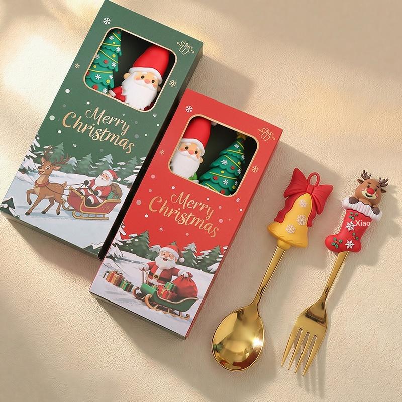 2Pcs Christmas Themed Gold Spoon Fork Set With Cute Santa Gingerbread Tree Handles For Holiday Dinner Parties And Xmas Gift