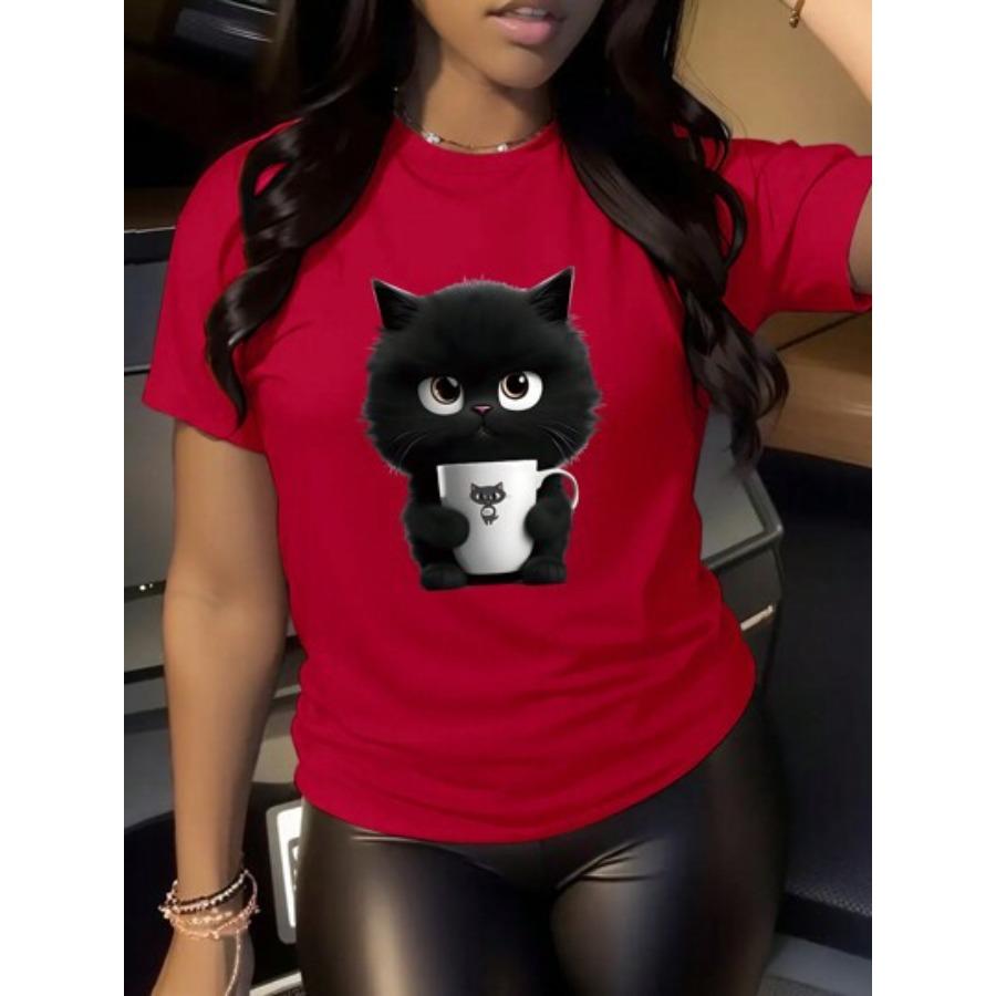 

Женская хлопковая футболка весна-лето с мультяшным принтом, милые футболки с короткими рукавами, повседневный топ с круглым вырезом, модная свободная одежда для развлечений 3XL красный