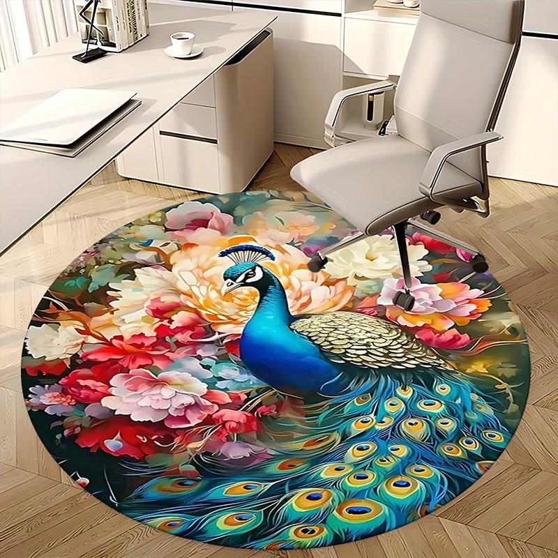 1pc Peacock Floral Round Carpet Anime Design Office Chair Mat, Non Slip Rug for Home Decor, Gift, Office, Living Room, Bedroom