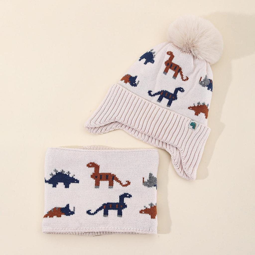 Cartoon Dinosaur Wool Pom-Pom Hat & Scarf Set: Thickened Knit for Autumn/Winter, Ear-Protecting Warmth