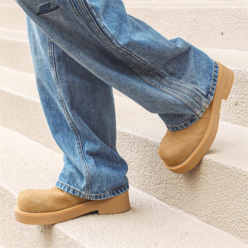 Derby Shoes Men's Spring Mickey Big Head Thick Sole Height Increase Low Top Round Head Fashion Leather Shoes-J