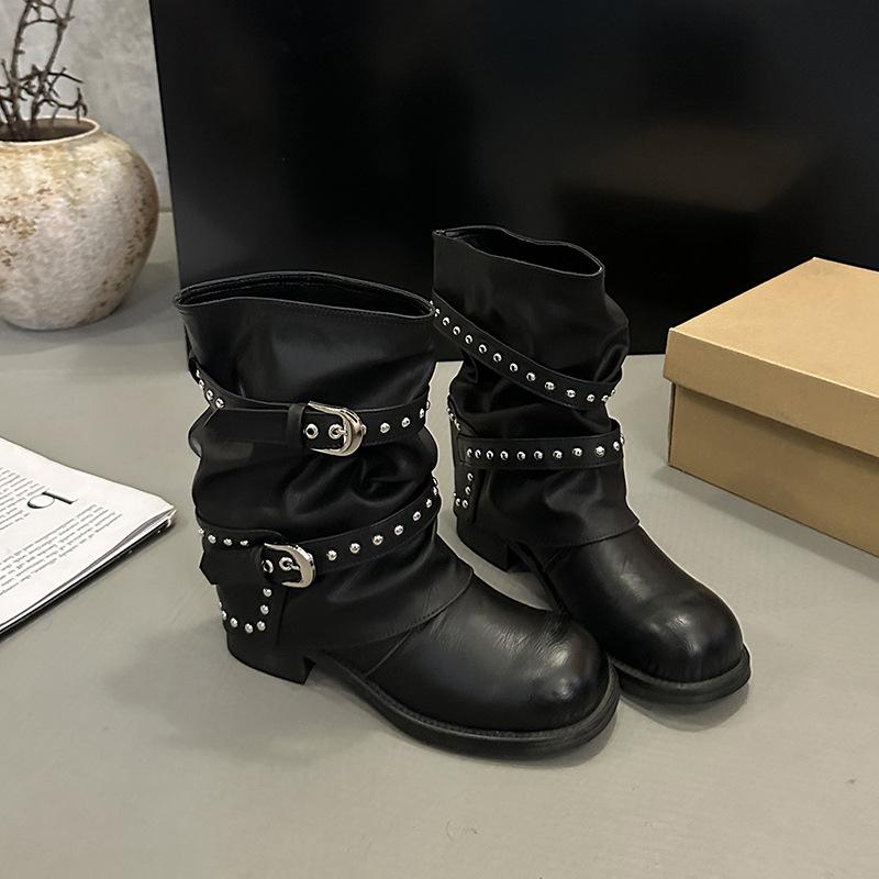 Women'S Shoes New Early Autumn Retro Metal Adjustable Height Increase Soft Dough Old Style Short Tube Western Knight Boots Women