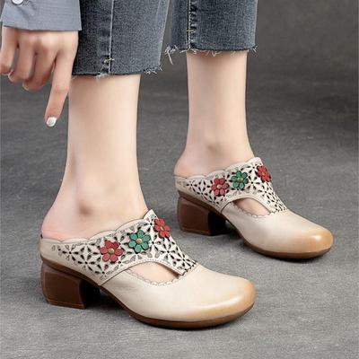 Ethnische Stil Blume Mittlere Ferse Hausschuhe 2023 Sommer Neue Runde Kappe Retro Komfortable Vielseitige Frauen Schuhe Außerhalb Rutschen