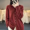 Women's Hooded Knit Wool Cardigan - Casual Loose Fit, Solid Color, Base Layer Sweater for Autumn and Winter.