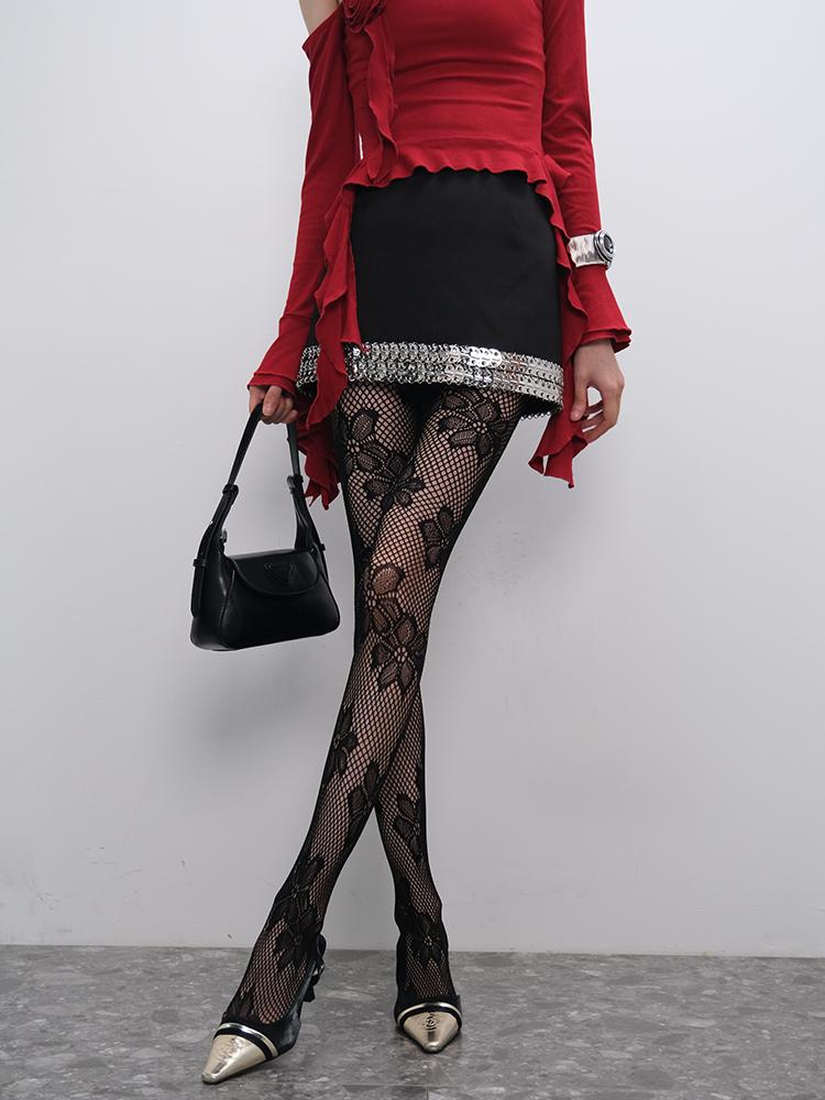 1/2 Paires Collants Sexy en Jacquard résille Bas pour Femmes Motif Floral Creux Bas-culotte Mode Élégant One Size black