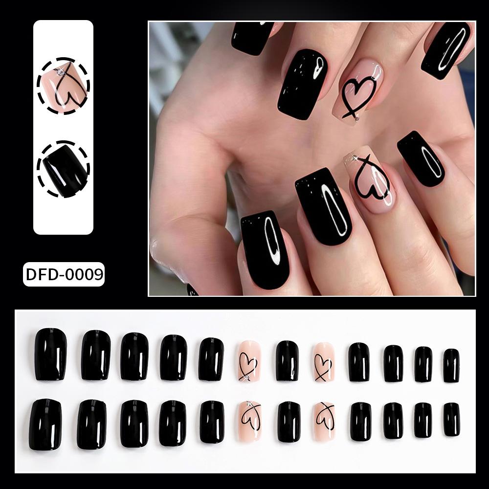 Black Long Coffin Press On Nails Square Tip With Love Heart Print 24Pcs Wearable False Nails For Women Girls Valentine Gift